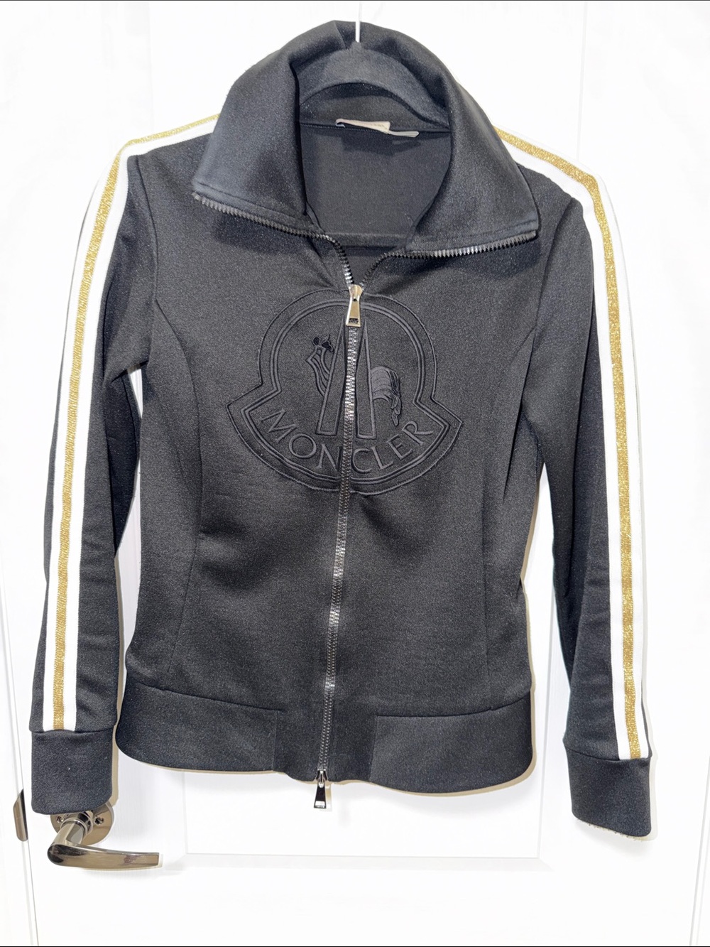 Moncler Black Zip Jacket with Gold & White Sleeve Stripes